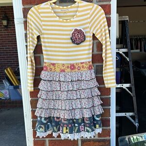 Mustard Pie Girls Yellow Striped Floral Ruffle Apron Dress Long Sleeve Size 8